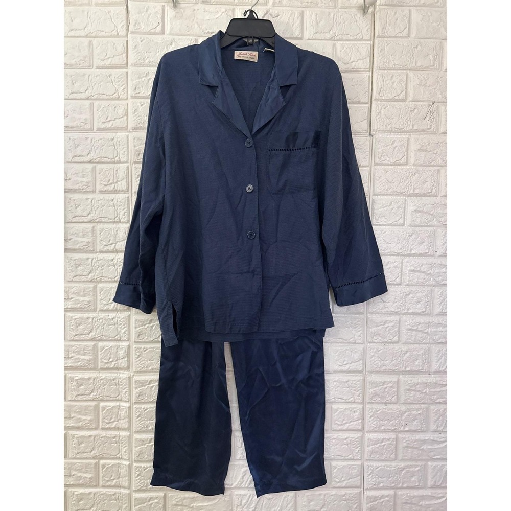 Judith Hart 100% Silk Pajama Set Navy Blue Button Down Top & Pants Womens Medium